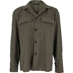 Green Shirt with Classic Collar and Applied Pockets on the Front in Fabric Man