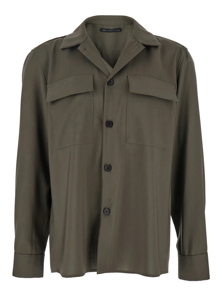 Green Shirt with Classic Collar and Applied Pockets on the Front in Fabric Man