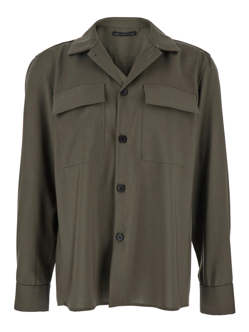 Green Shirt with Classic Collar and Applied Pockets on the Front in Fabric Man