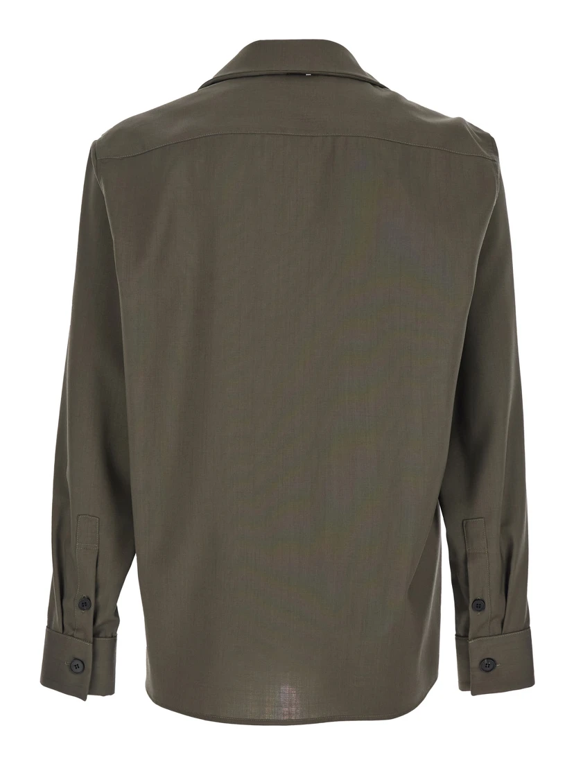 Green Shirt with Classic Collar and Applied Pockets on the Front in Fabric Man