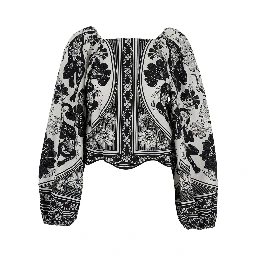 Flower Leopard Black and White Blouse with Boat Neckline and All-Over Floral Print in Cotton Woman