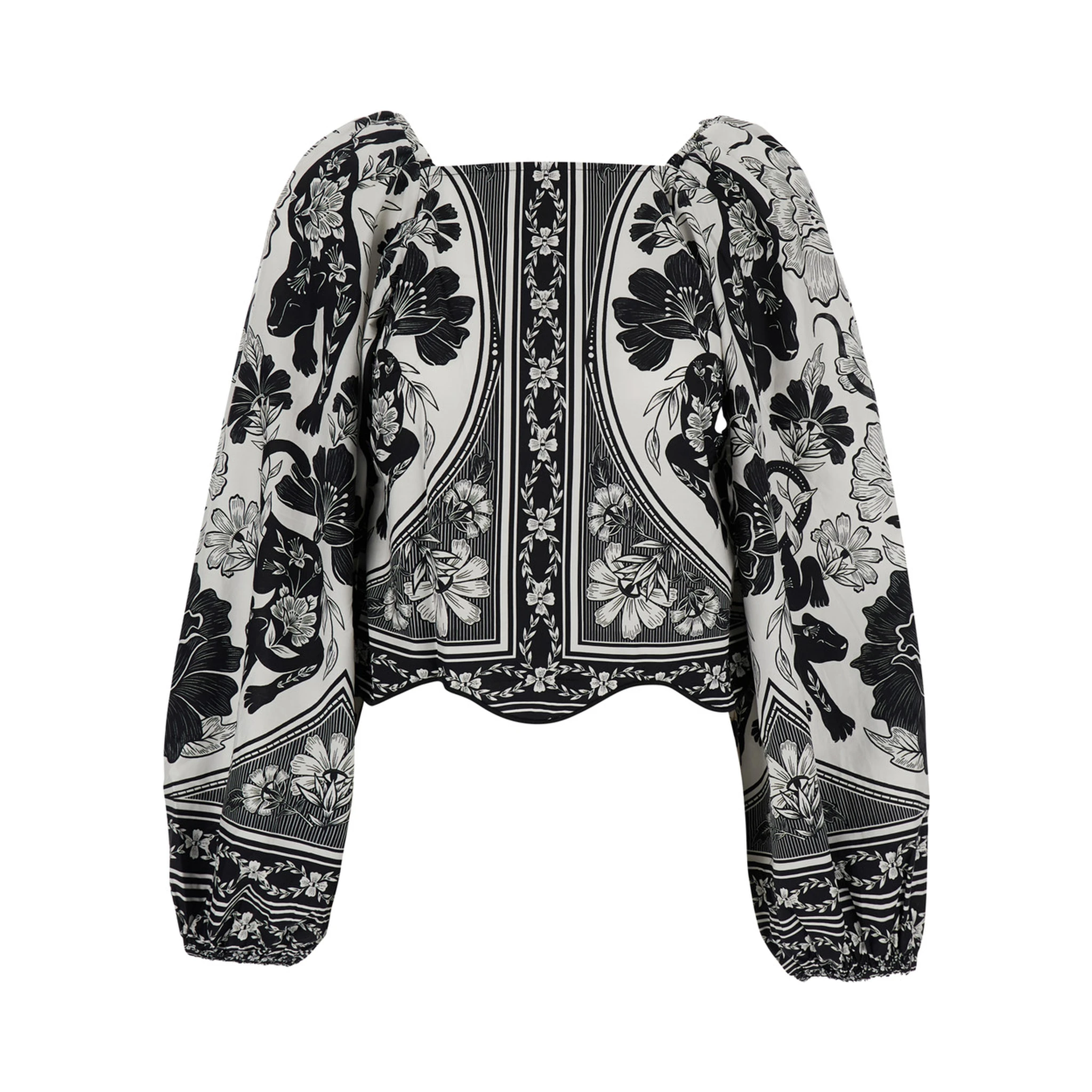 Flower Leopard Black and White Blouse with Boat Neckline and All-Over Floral Print in Cotton Woman