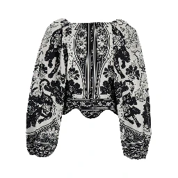 Flower Leopard Black and White Blouse with Boat Neckline and All-Over Floral Print in Cotton Woman