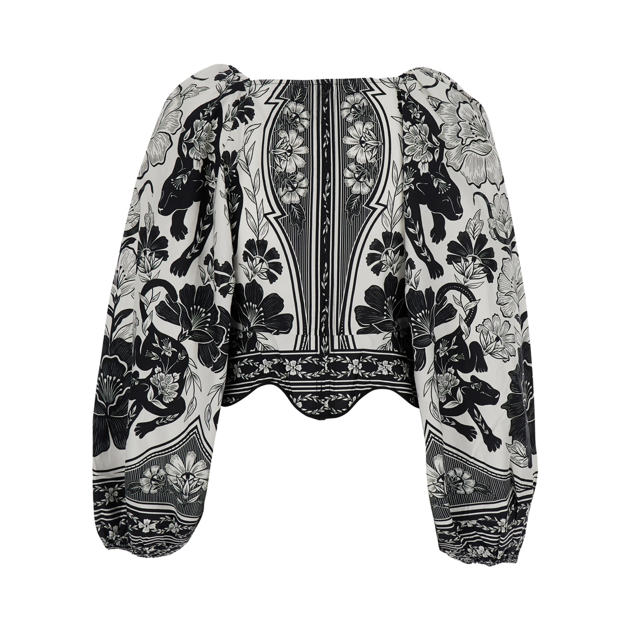 Flower Leopard Black and White Blouse with Boat Neckline and All-Over Floral Print in Cotton Woman