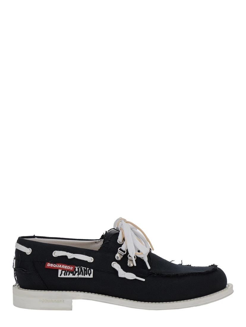 D2 x Magliano Black Loafers with Logo Patch on the Side and Front Laces in Cotton Man