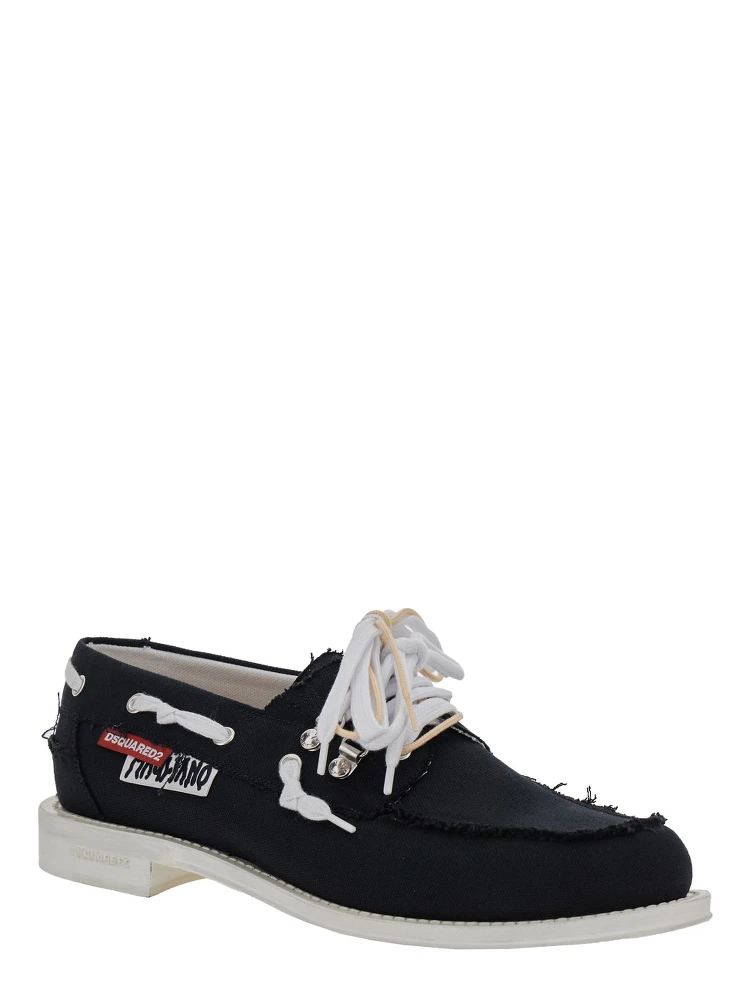 D2 x Magliano Black Loafers with Logo Patch on the Side and Front Laces in Cotton Man alternative