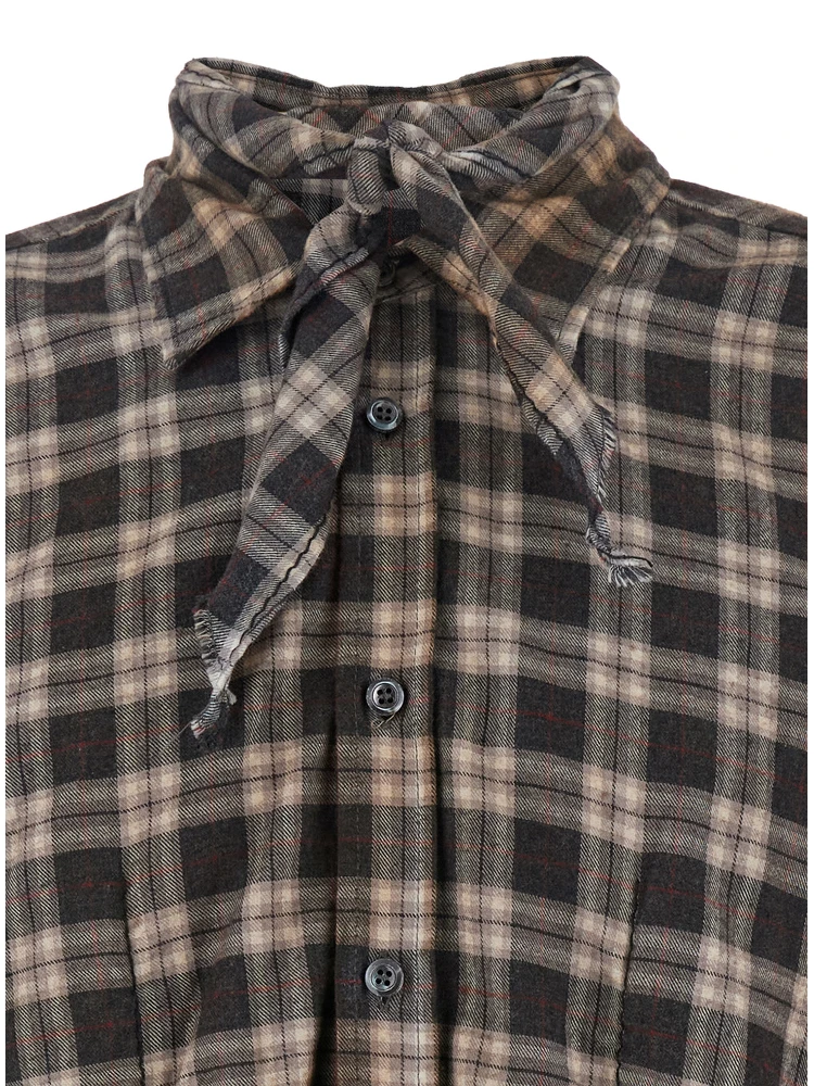D2 x Magliano Brown Shirt with Tie Detail on the Front and All-Over Check Motif in Cotton Man alternative