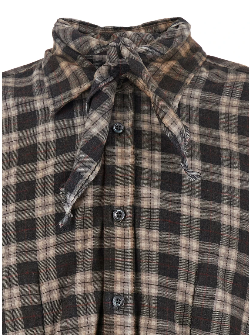 D2 x Magliano Brown Shirt with Tie Detail on the Front and All-Over Check Motif in Cotton Man