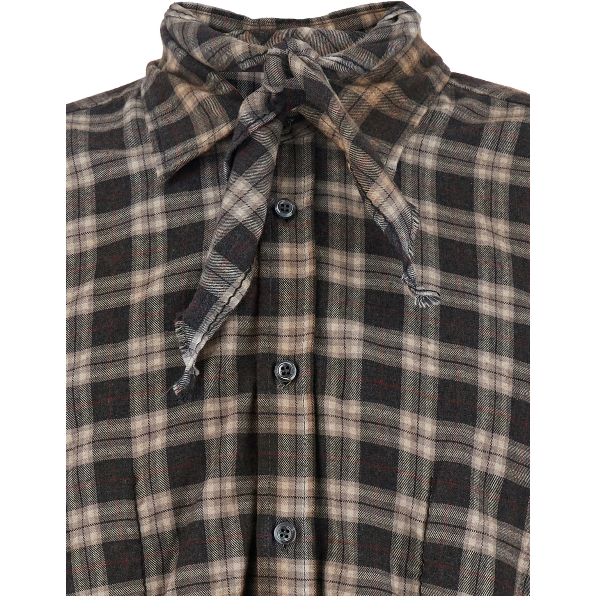 D2 x Magliano Brown Shirt with Tie Detail on the Front and All-Over Check Motif in Cotton Man