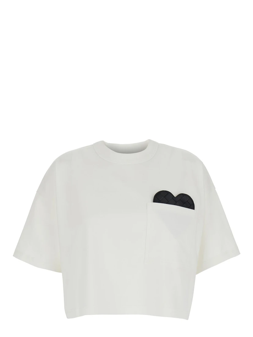 White Cropped T-Shirt with Heart Detail on the Pocket in Cotton Woman