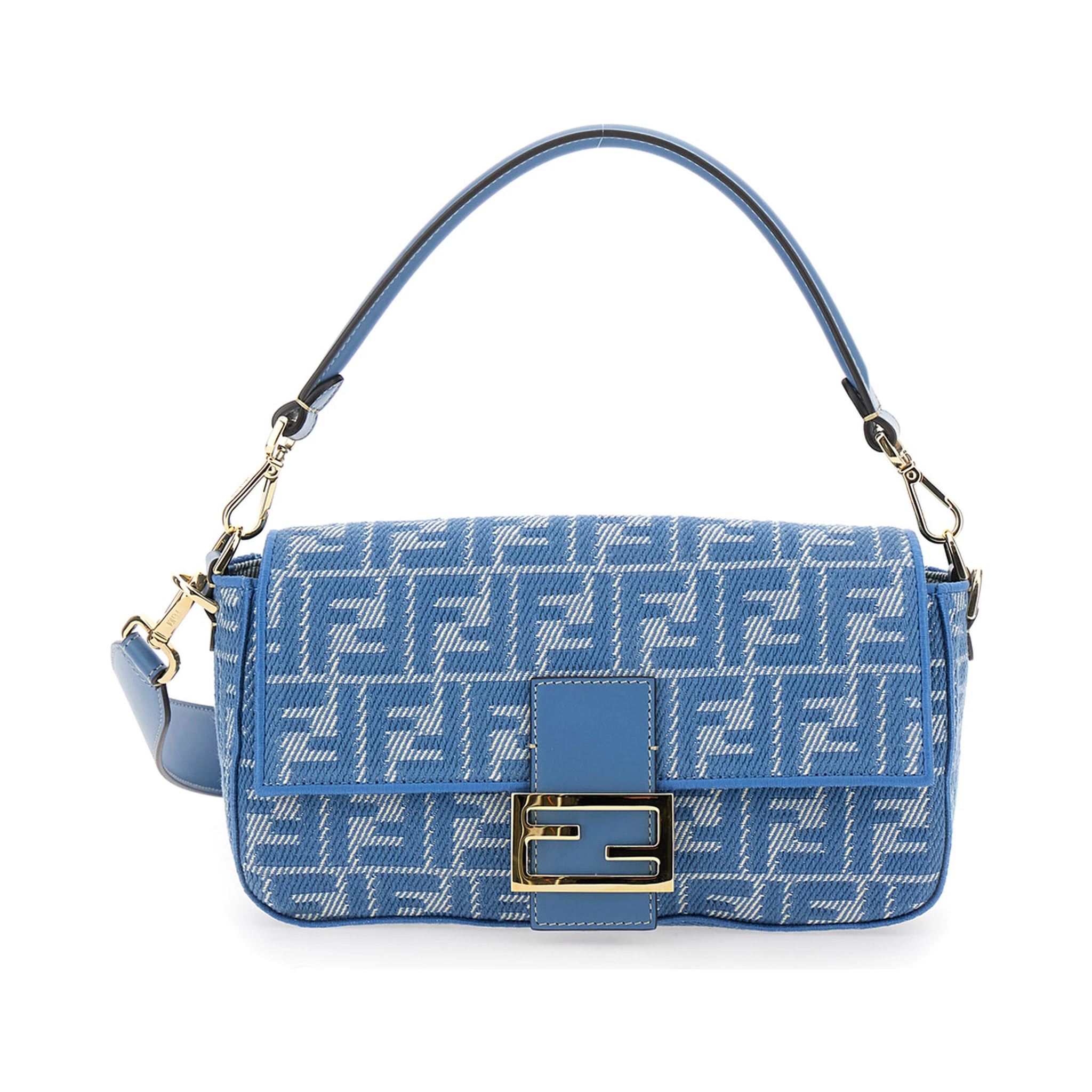 Baguette Medium Blue Shoulder Bag with All-Over FF Motif and FF Logo Plaque on the Front in Cotton Woman