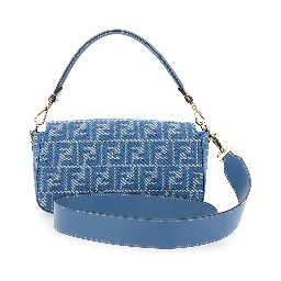 Baguette Medium Blue Shoulder Bag with All-Over FF Motif and FF Logo Plaque on the Front in Cotton Woman