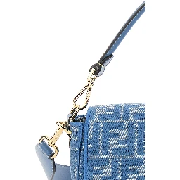 Baguette Medium Blue Shoulder Bag with All-Over FF Motif and FF Logo Plaque on the Front in Cotton Woman