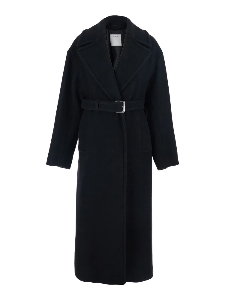 Black Coat with Classic Lapels and Waist Belt in Wool Woman