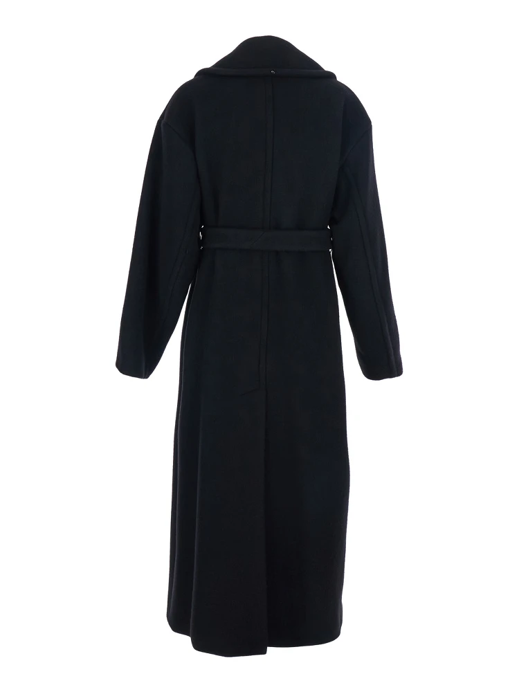 Black Coat with Classic Lapels and Waist Belt in Wool Woman alternative