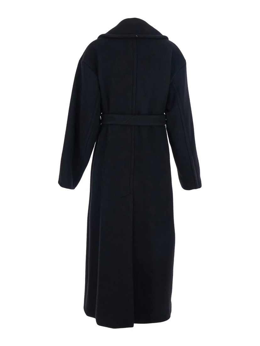 Black Coat with Classic Lapels and Waist Belt in Wool Woman