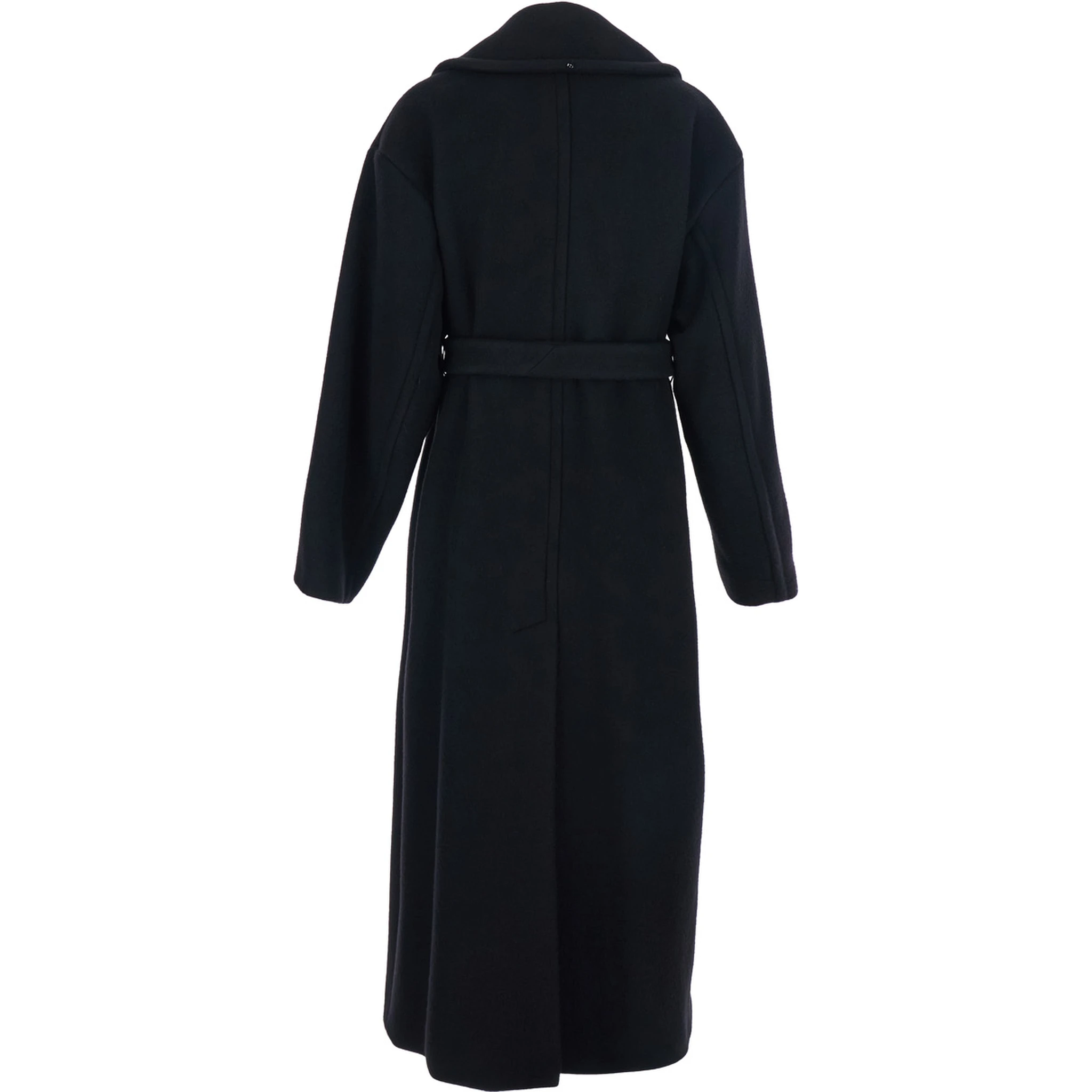 Black Coat with Classic Lapels and Waist Belt in Wool Woman