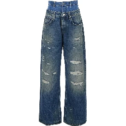 Blue Jeans with Layered Design and Distressed and Ripped Effect in Denim Woman