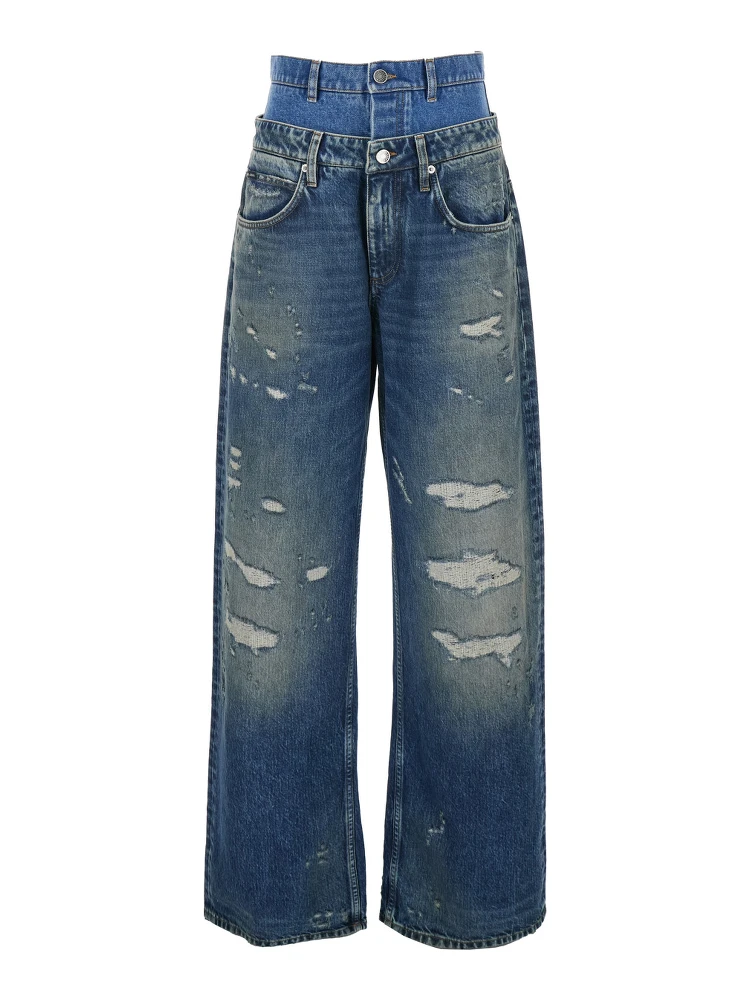 Blue Jeans with Layered Design and Distressed and Ripped Effect in Denim Woman