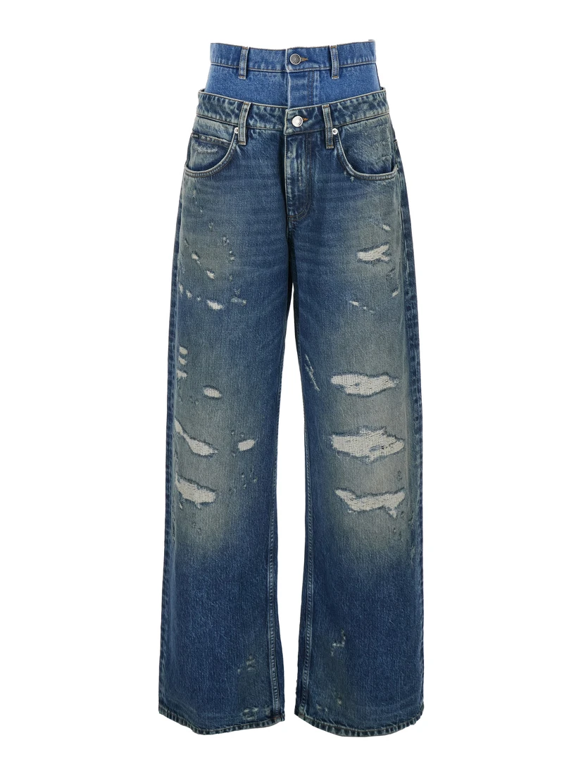 Blue Jeans with Layered Design and Distressed and Ripped Effect in Denim Woman