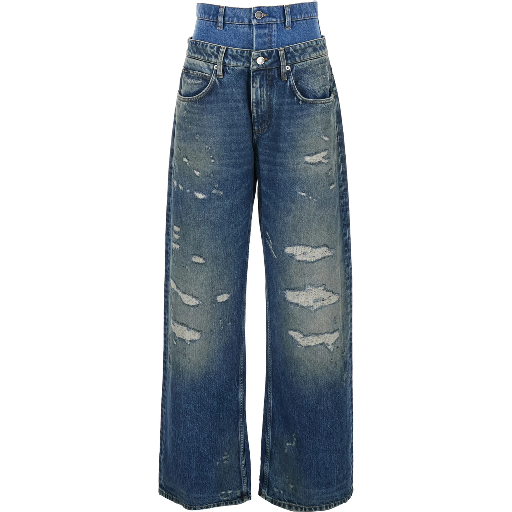 Blue Jeans with Layered Design and Distressed and Ripped Effect in Denim Woman
