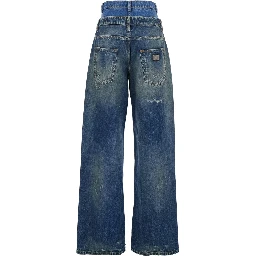 Blue Jeans with Layered Design and Distressed and Ripped Effect in Denim Woman