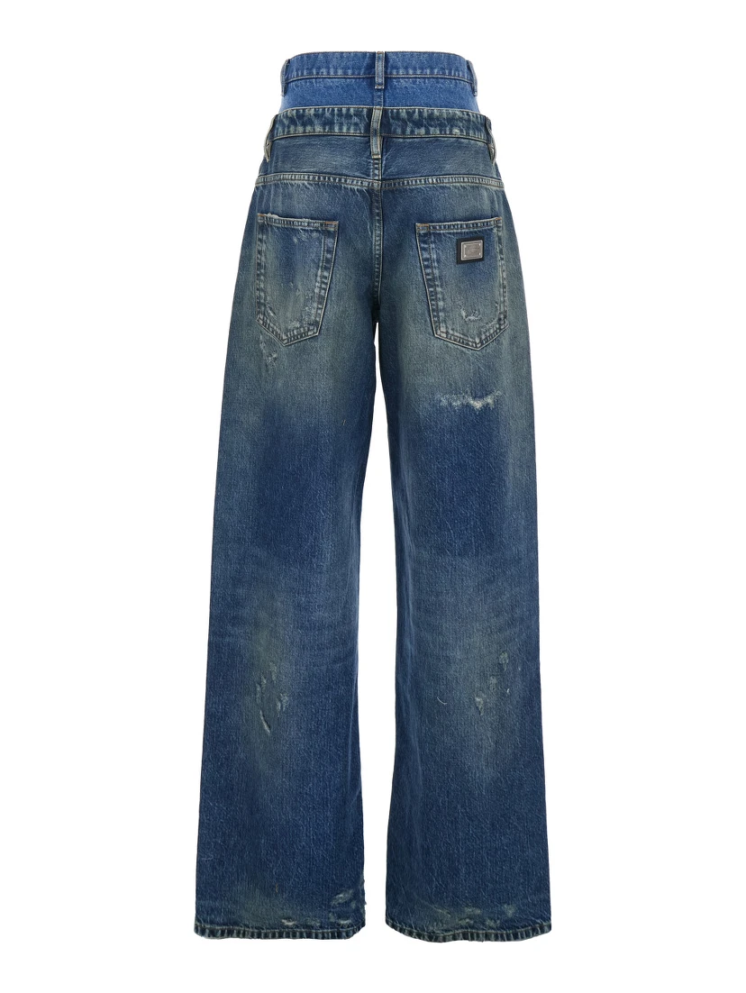 Blue Jeans with Layered Design and Distressed and Ripped Effect in Denim Woman