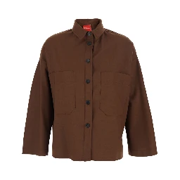 Brown Shirt with Classic Collar and Patch Pockets in Cotton Blend Woman