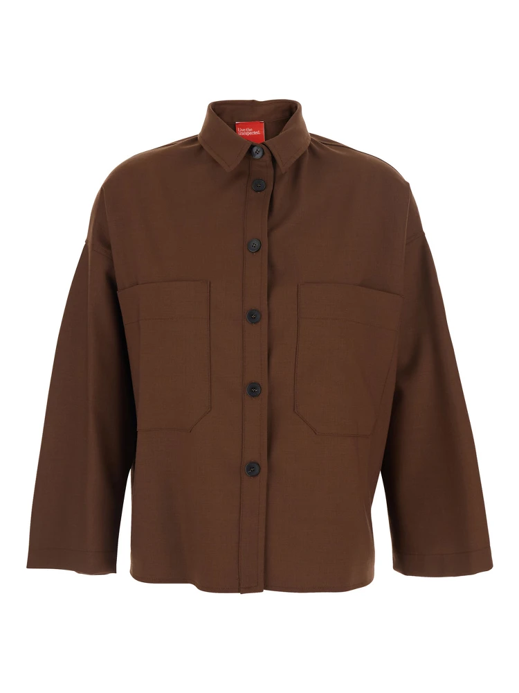 Brown Shirt with Classic Collar and Patch Pockets in Cotton Blend Woman