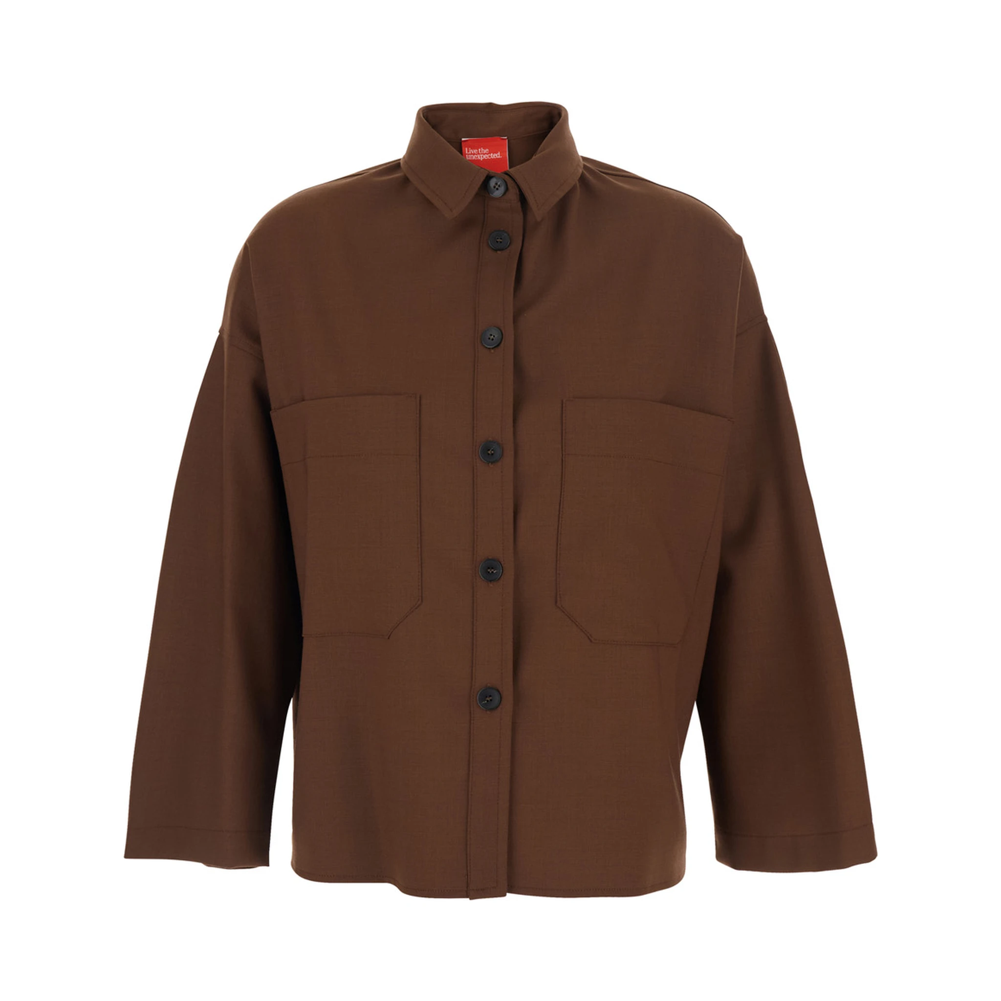 Brown Shirt with Classic Collar and Patch Pockets in Cotton Blend Woman