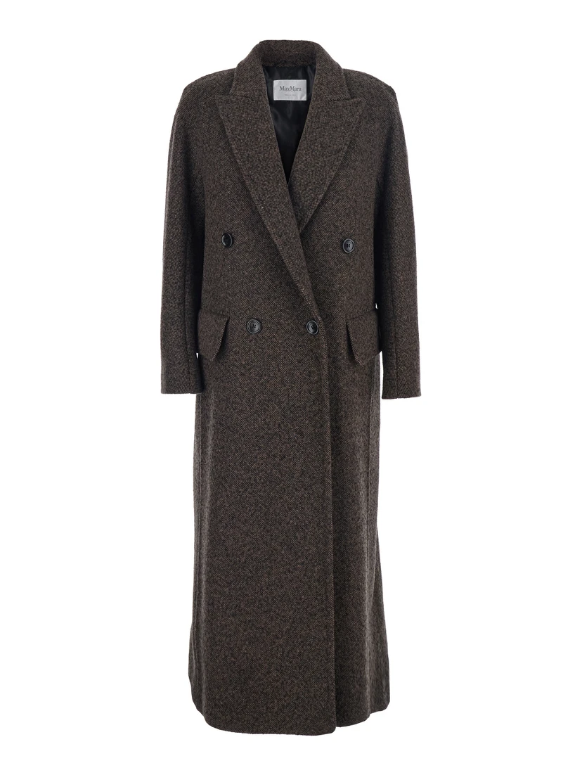 Arco Brown Double-Breasted Coat with Peak Revers and Half Belt in Wool and Cashmere Woman
