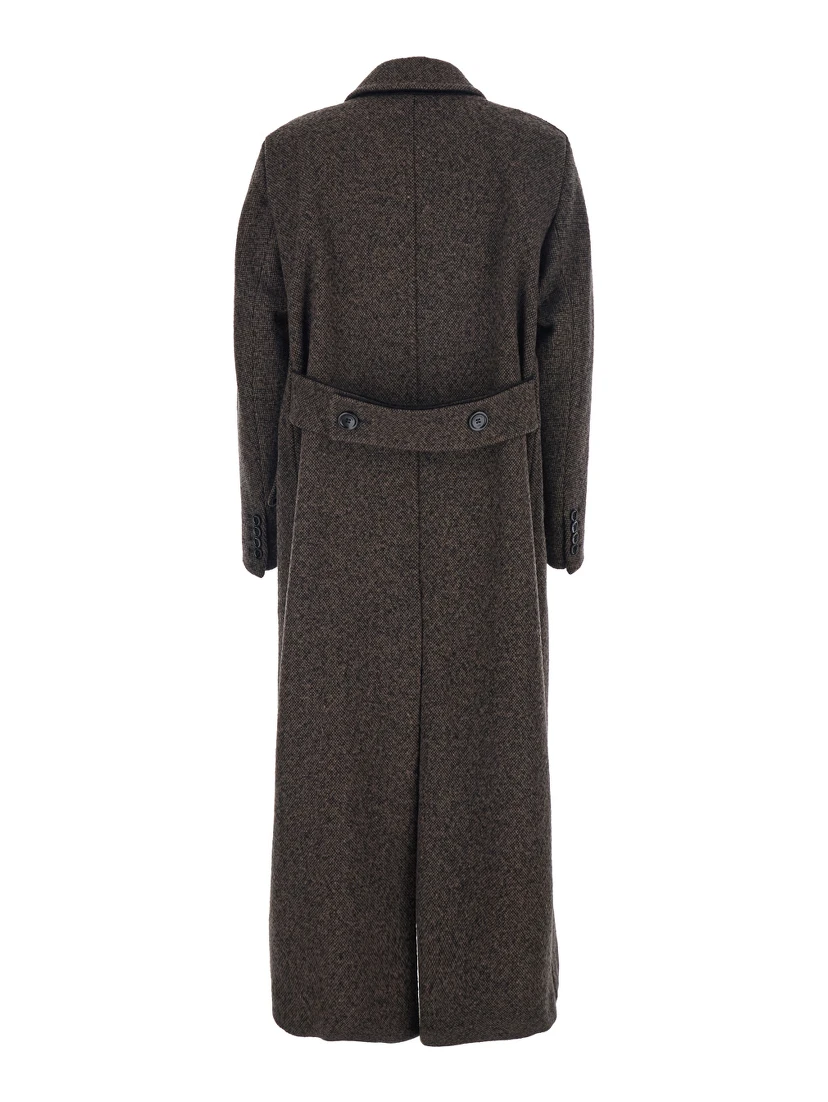 Arco Brown Double-Breasted Coat with Peak Revers and Half Belt in Wool and Cashmere Woman