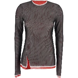 Black Crew Neck Blouse with Side Slit in Tech Fabric Woman