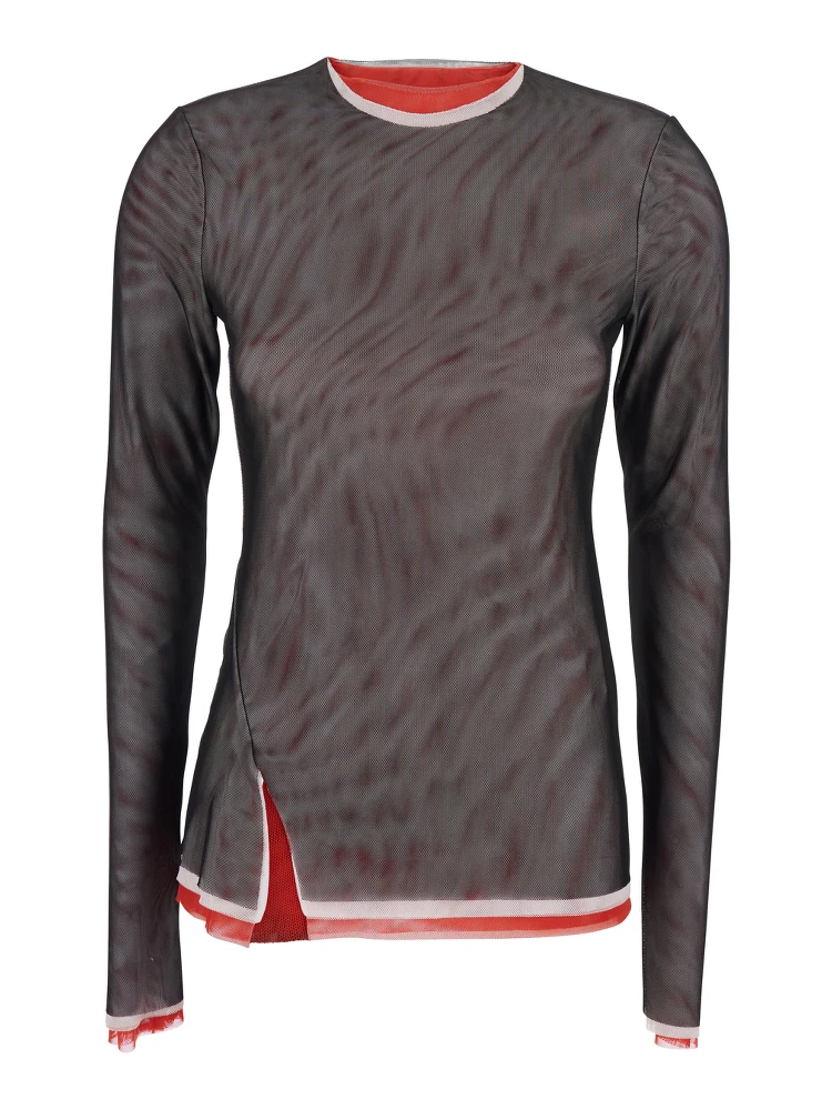 Black Crew Neck Blouse with Side Slit in Tech Fabric Woman