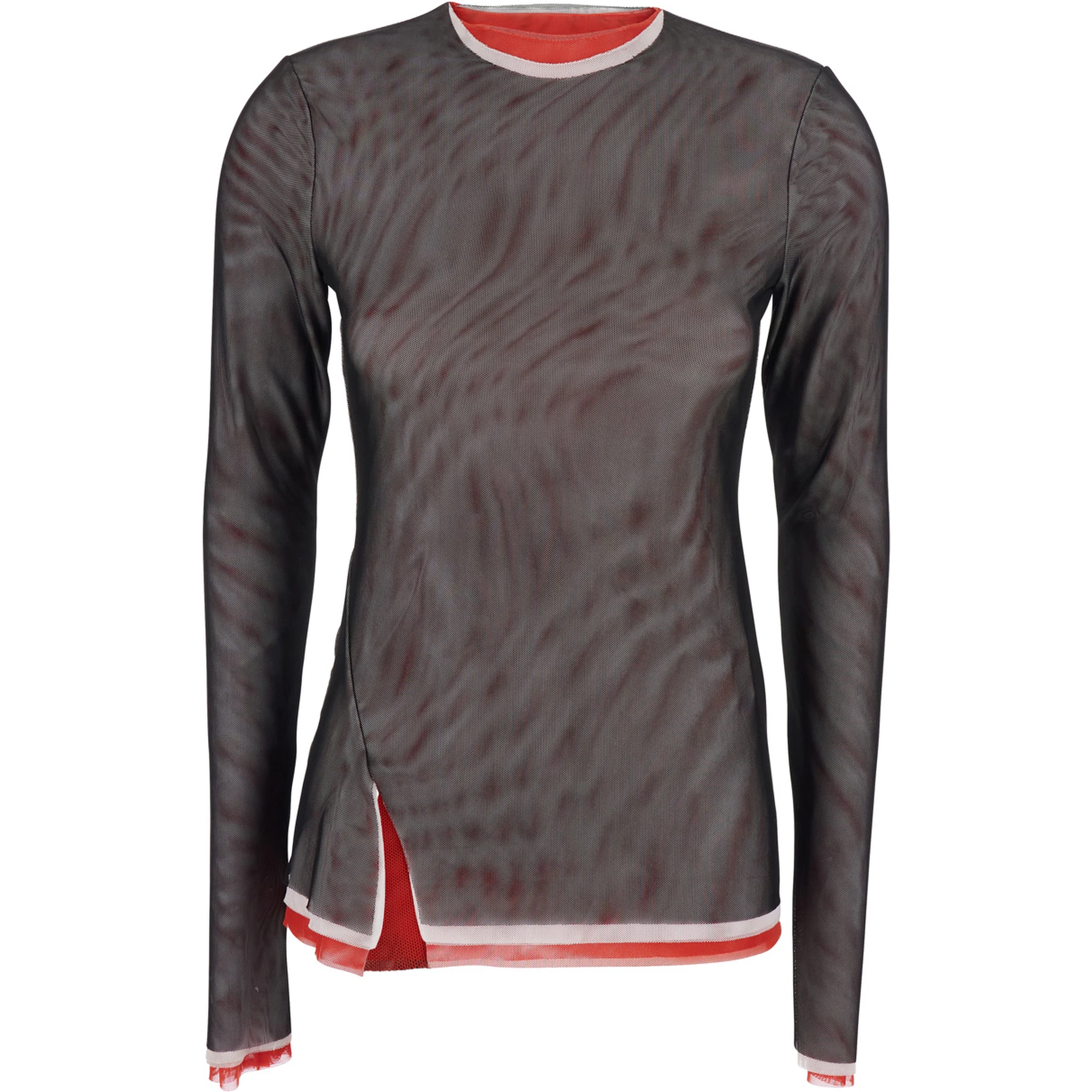 Black Crew Neck Blouse with Side Slit in Tech Fabric Woman