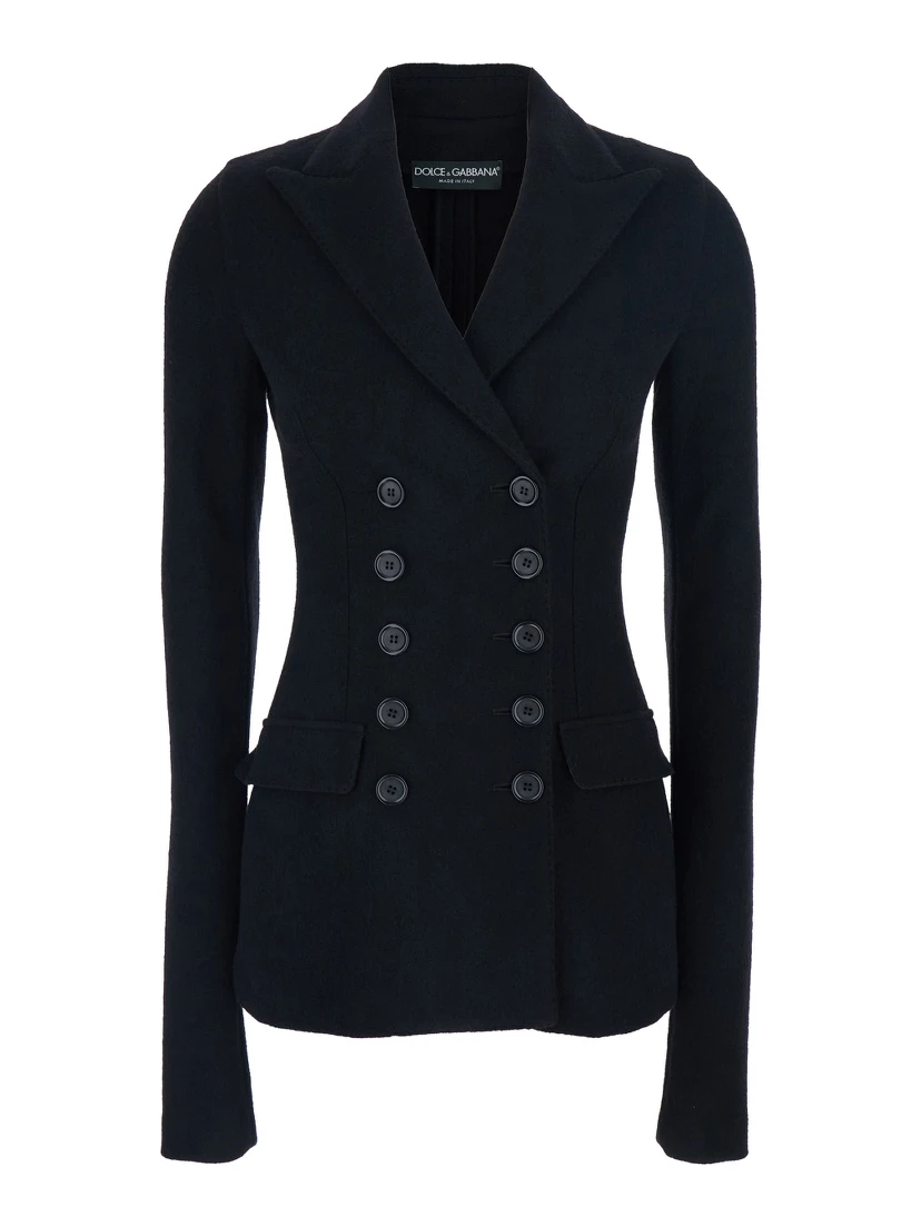 Black Double-breasted Blazer with Peak Revers in Wool Woman