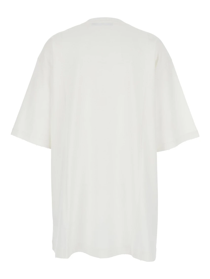 White Crew Neck T-Shirt with Maxi Print on the Front in Cotton Woman
