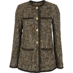 Brown Crew Neck Jacket with Front Patch Pockets in Wool Blend Woman