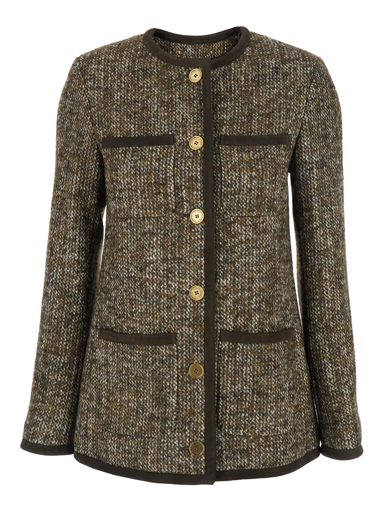 Brown Crew Neck Jacket with Front Patch Pockets in Wool Blend Woman