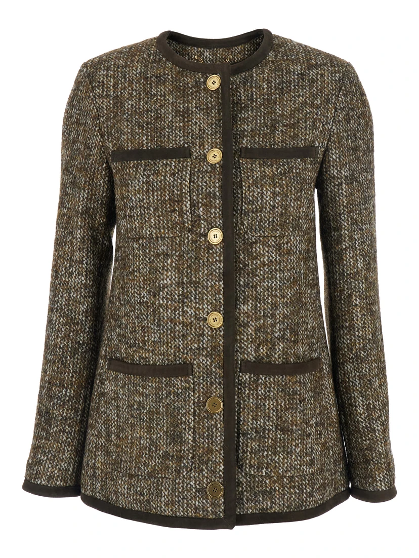 Brown Crew Neck Jacket with Front Patch Pockets in Wool Blend Woman