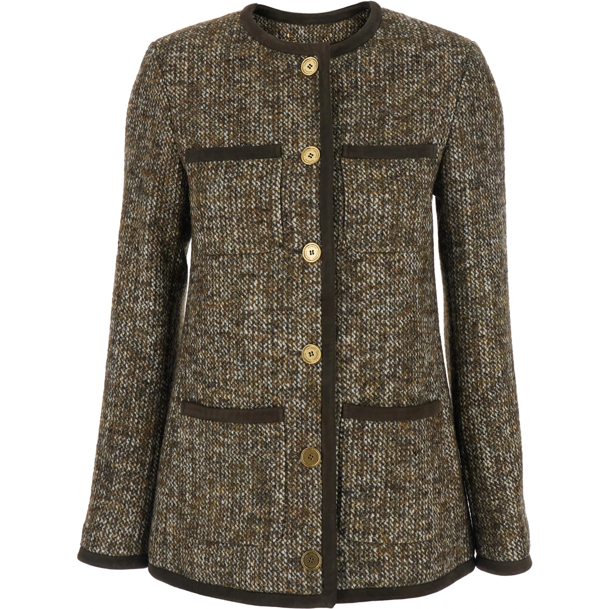 Brown Crew Neck Jacket with Front Patch Pockets in Wool Blend Woman