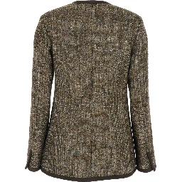 Brown Crew Neck Jacket with Front Patch Pockets in Wool Blend Woman