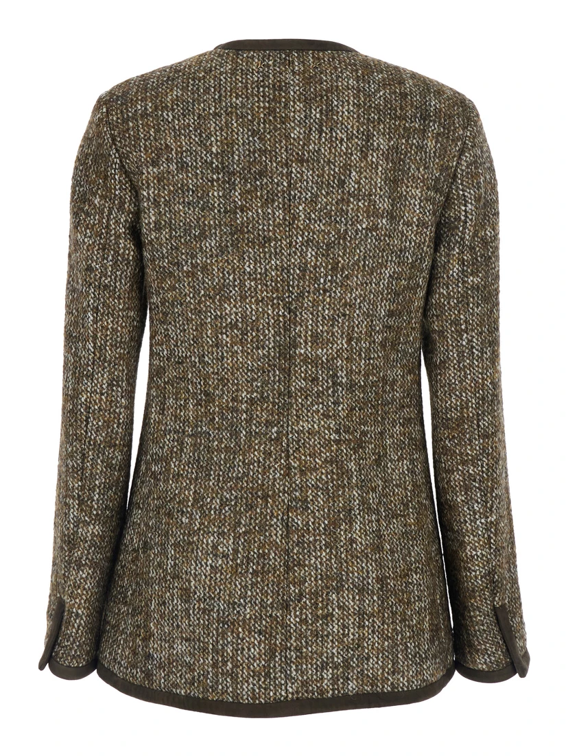 Brown Crew Neck Jacket with Front Patch Pockets in Wool Blend Woman