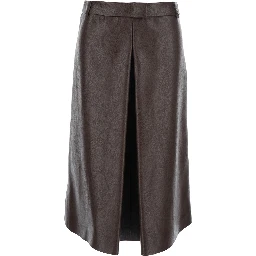 Brown Midi Skirt with Belt Loops and Front Single Slit in Ecoleather Woman