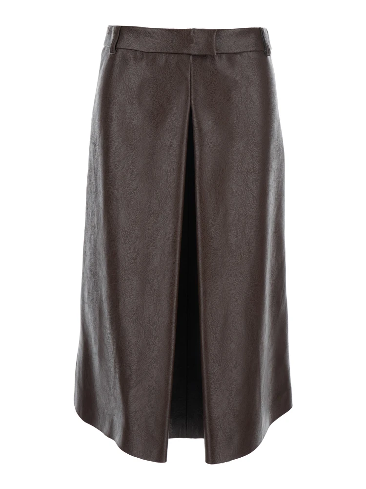 Brown Midi Skirt with Belt Loops and Front Single Slit in Ecoleather Woman