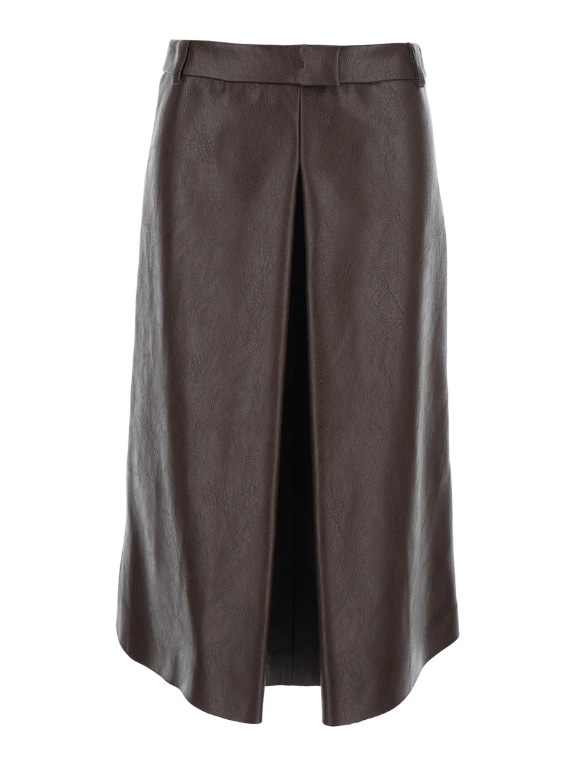 Brown Midi Skirt with Belt Loops and Front Single Slit in Ecoleather Woman