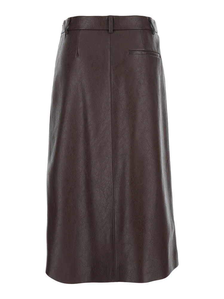 Brown Midi Skirt with Belt Loops and Front Single Slit in Ecoleather Woman alternative