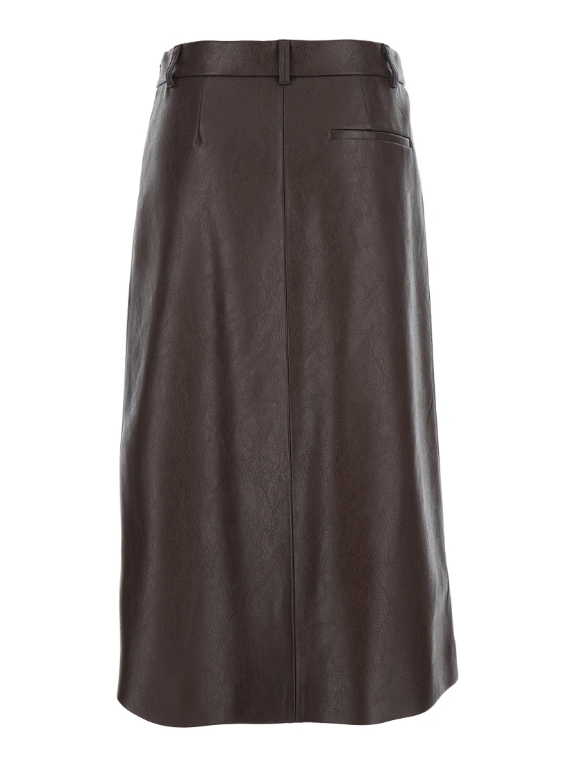Brown Midi Skirt with Belt Loops and Front Single Slit in Ecoleather Woman