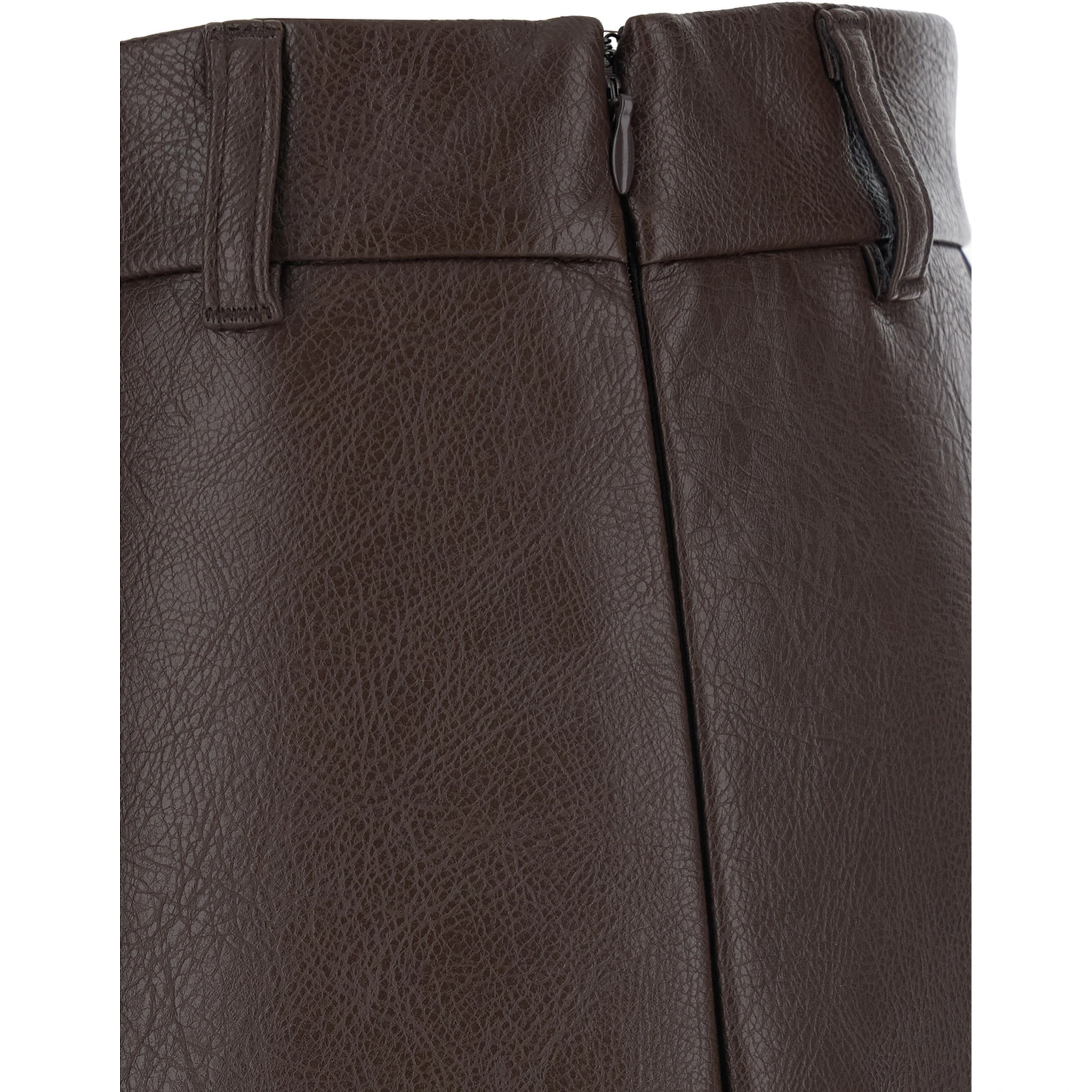 Brown Midi Skirt with Belt Loops and Front Single Slit in Ecoleather Woman