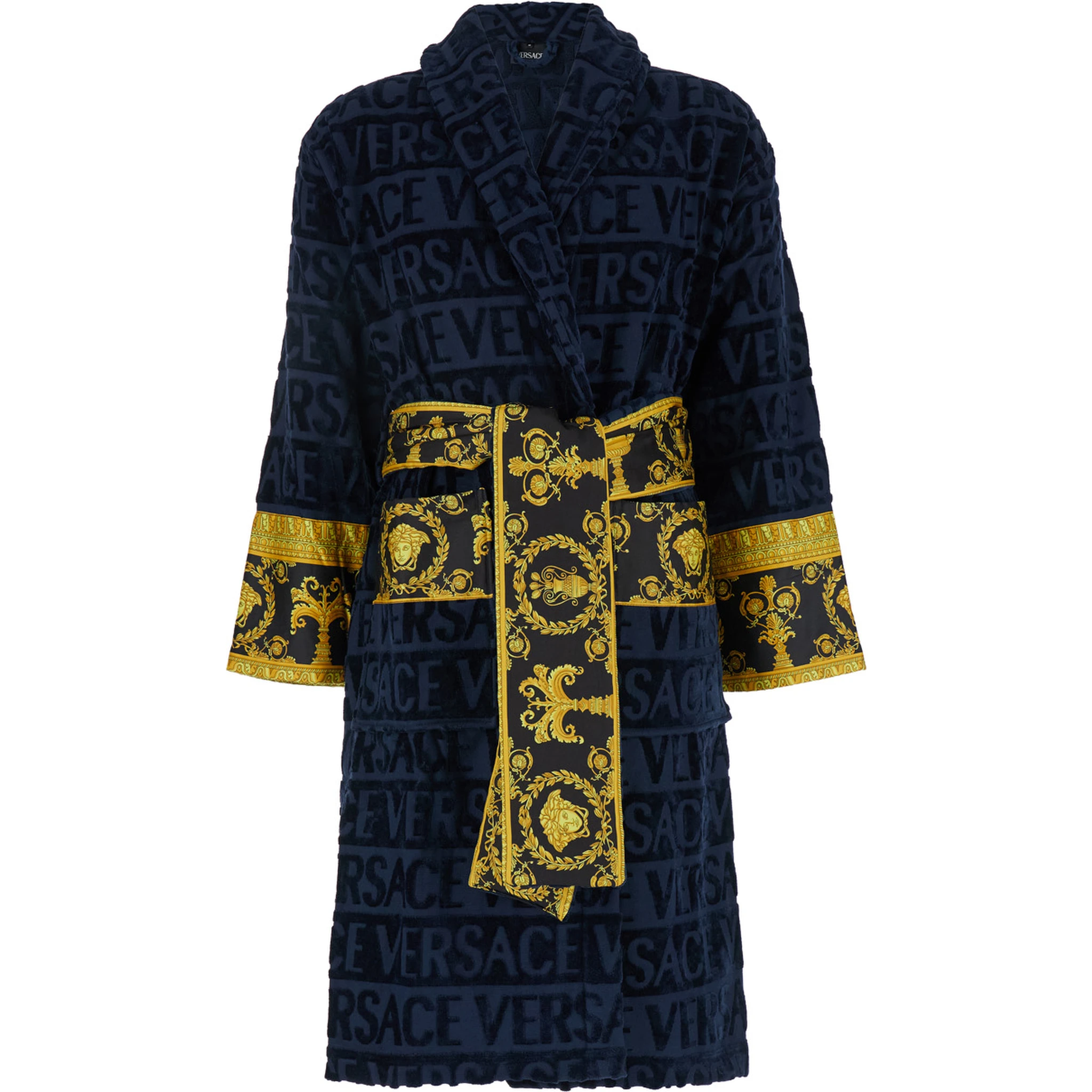 Baroque Blue Bathrobe with All-Over Logo Print in Cotton Home